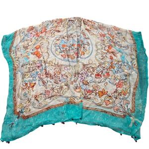 Soft Surroundings Poncho Top Wrap S/M Aqua Sheer Cupro Floral Bird Print Tassel